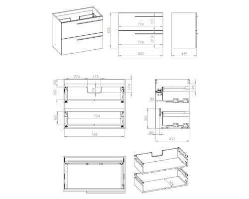 Technische tekening van een wastafelonderkast met afmetingen