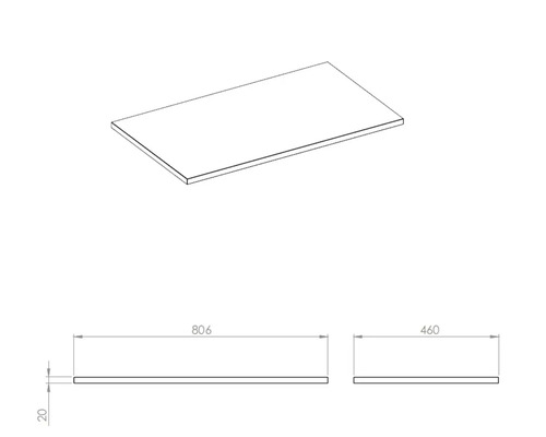 Technische tekening van een werkblad met de afmetingen 806 x 460 x 20 millimeter