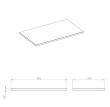 Illustratie van een werkblad met de afmetingen 806 x 460 x 20 mm