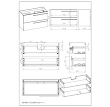 Technische tekening van een wastafelonderkast met afmetingen.