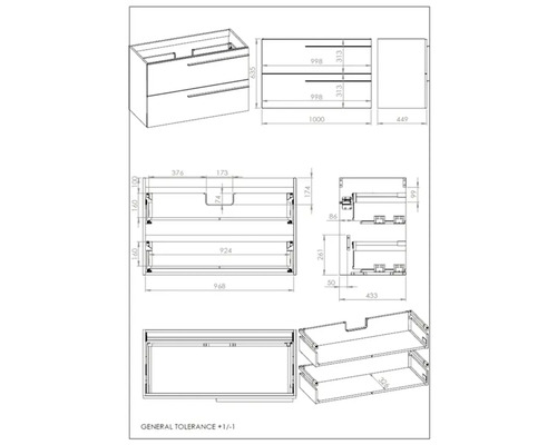Technische tekening van een wastafelonderkast met afmetingen.