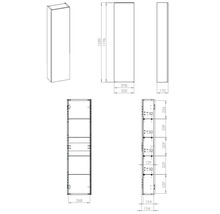 Technische tekening van een badkamer hoge kast met afmetingen