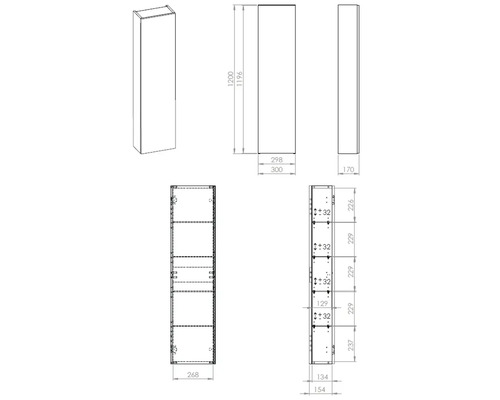 Technische tekening van een badkamer hoge kast met afmetingen