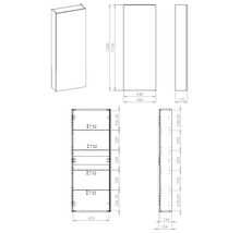 Technische tekening van een hoge kast met maataanduidingen