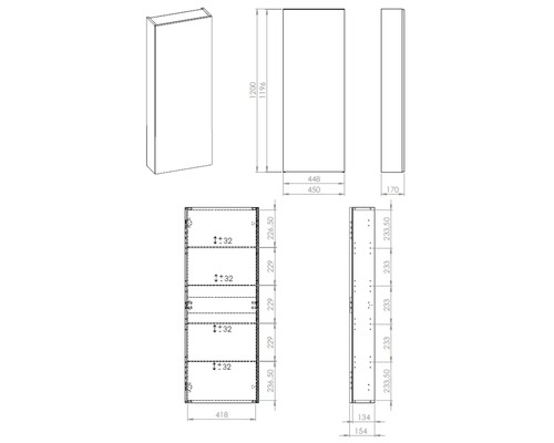 Technische tekening van een hoge kast met maataanduidingen