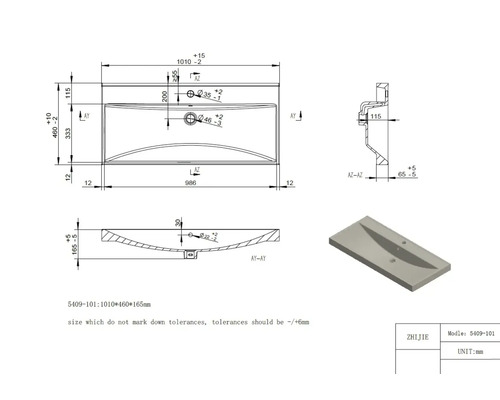 Technische tekening van een wastafelblad met afmetingen