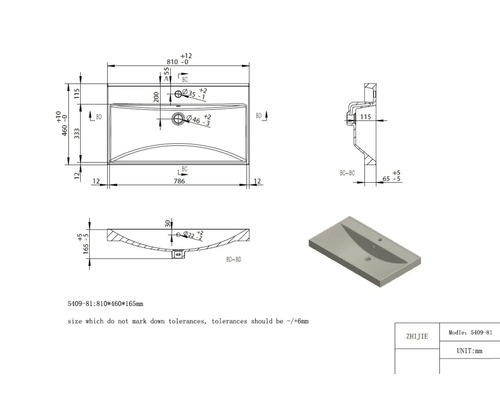 Technische tekening van een wastafel met afmetingen