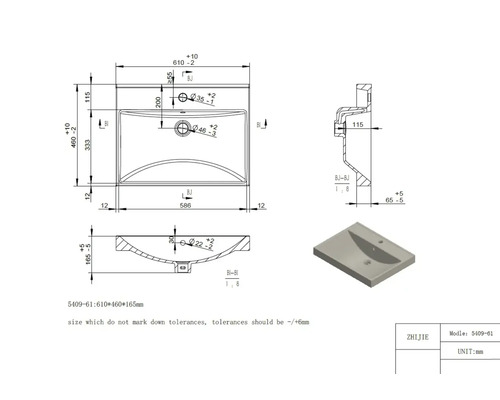 Technische tekening van een wastafel met afmetingen