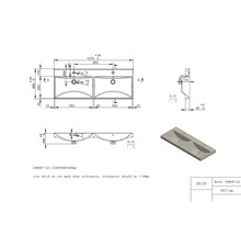 Technische tekening van een wastafelmeubel met dubbele wasbak en maataanduidingen