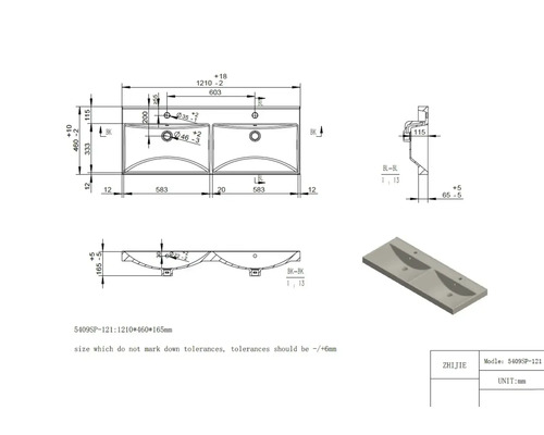 Technische tekening van een wastafelmeubel met dubbele wasbak en maataanduidingen