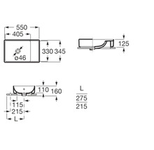 Technische tekening van een wastafel met afmetingen