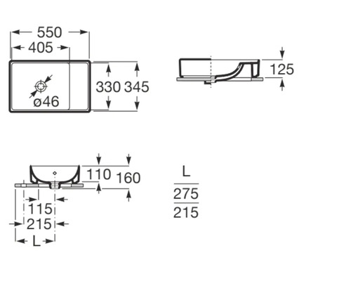 Technische tekening van een wastafel met afmetingen
