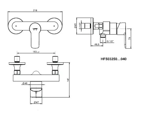 Technische tekening van een waterkraan met afmetingen