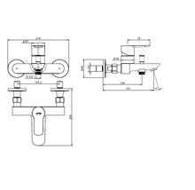 Technische tekening van een badkamerkraan met afmetingen