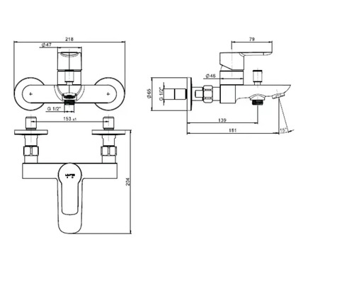 Technische tekening van een badkamerkraan met afmetingen