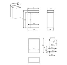 Technische tekening van een wastafelonderkast met afmetingen