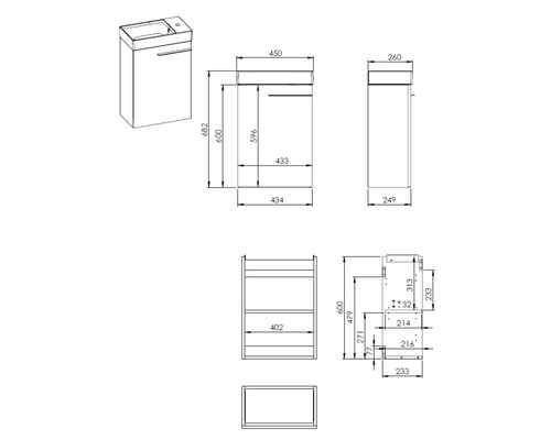 Technische tekening van een wastafelonderkast met afmetingen