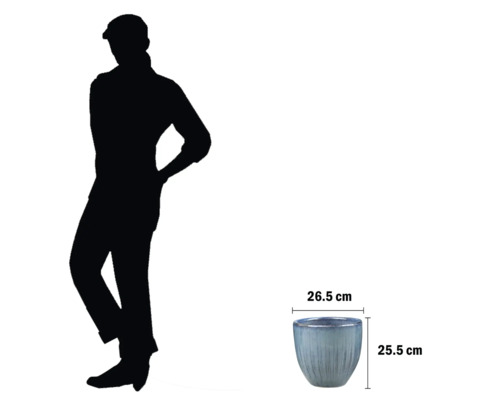 Bloempot met afmetingen en silhouet van een persoon ter vergelijking van de grootte