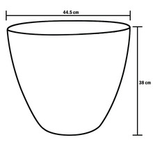 Schema van een plantenschaal met afmetingen van 44,5 cm breed en 38 cm hoog