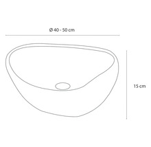 Tekening van een waskom met de afmetingen diameter 40 tot 50 centimeter en hoogte 15 centimeter
