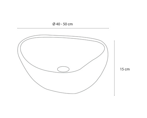 Tekening van een waskom met de afmetingen diameter 40 tot 50 centimeter en hoogte 15 centimeter