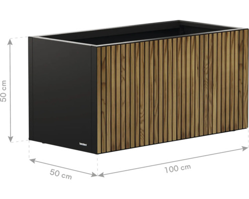 Rechthoekige plantenbak van hout en metaal, 50 x 100 x 50 cm