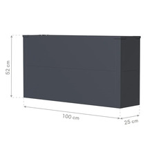 Grijze kast met afmetingen 52 cm hoog, 100 cm breed en 25 cm diep.