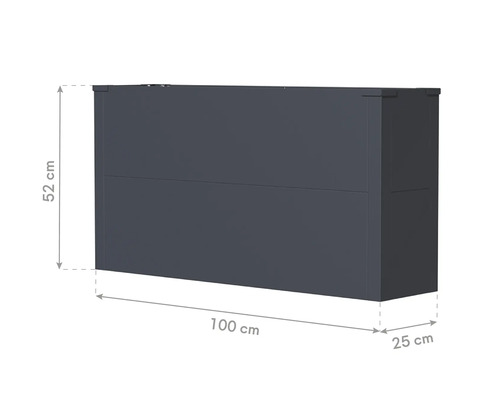 Grijze kast met afmetingen 52 cm hoog, 100 cm breed en 25 cm diep.