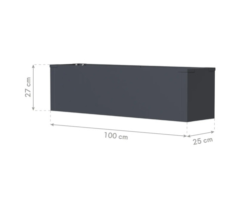 Afbeelding van een opbergbox met de afmetingen 100 cm lang, 27 cm hoog en 25 cm breed.