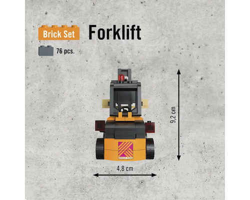 Vorkheftruck bouwset met 76 delen en de afmetingen 9,2 cm hoog en 4,8 cm breed