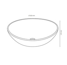 Tekening van een ronde waskom met afmetingen van 360 mm diameter en 140 mm hoogte