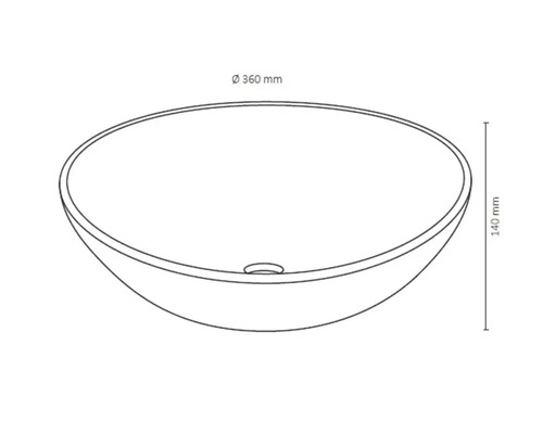 Tekening van een ronde waskom met afmetingen van 360 mm diameter en 140 mm hoogte