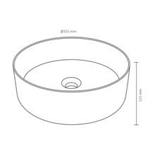 Tekening van een ronde waskom met afmetingen van 355 mm diameter en 115 mm hoogte