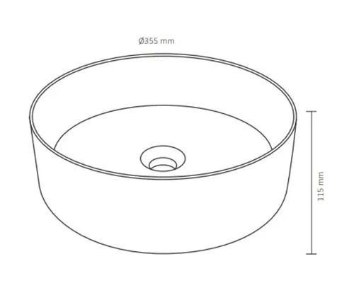 Tekening van een ronde waskom met afmetingen van 355 mm diameter en 115 mm hoogte