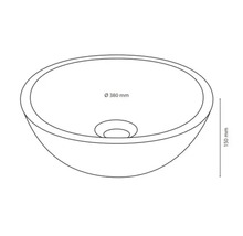 Tekening van een opzetwastafel met afmetingen van 380 mm diameter en 150 mm hoogte