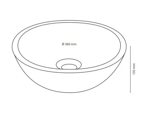 Tekening van een opzetwastafel met afmetingen van 380 mm diameter en 150 mm hoogte