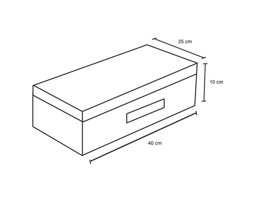 Schets van een opbergdoos met de afmetingen 40 cm x 25 cm x 10 cm