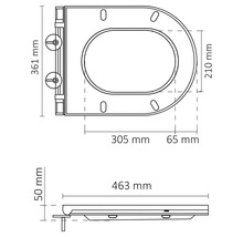 Maattekening van een toiletbril met de afmetingen 361 mm hoogte, 305 mm breedte, 210 mm diepte en 463 mm lengte