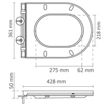 Technische tekening van een toiletbril met afmetingen