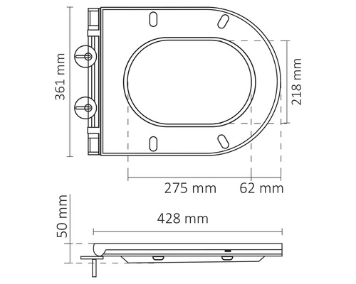 Technische tekening van een toiletbril met afmetingen