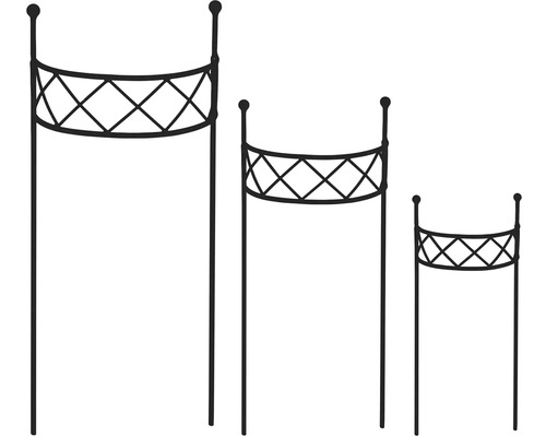 Drie metalen plantensteunen in verschillende hoogtes