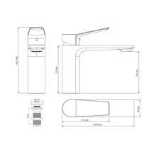 Technische tekening van een kraan met afmetingen