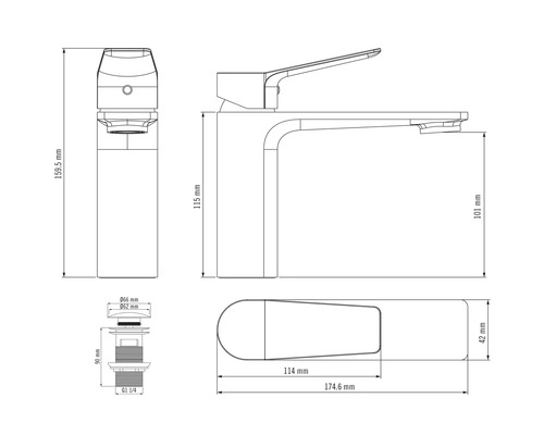 Technische tekening van een kraan met afmetingen