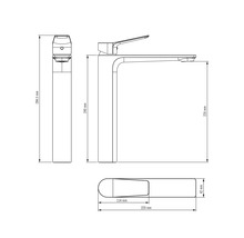 Technische tekening van een wastafelkraan met maatvoering