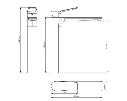 Technische tekening van een wastafelkraan met maatvoering
