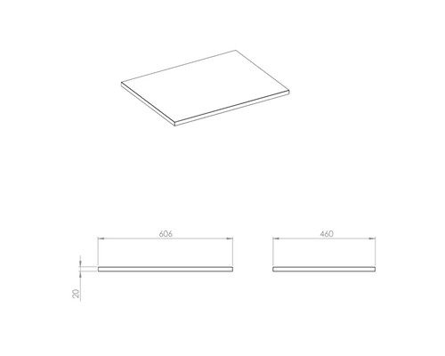 Werkblad met afmetingen 606 x 460 x 20 mm als schematische tekening
