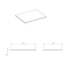 Technische tekening van een wastafelblad met afmetingen 606 x 460 x 20 millimeter