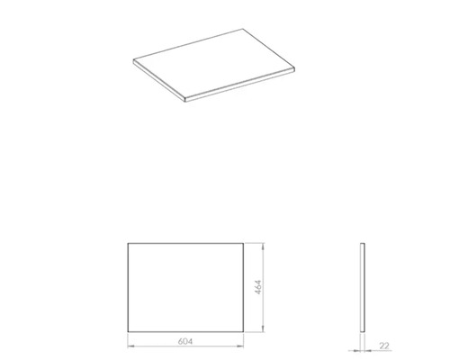 Bovenaanzicht en technische tekening van een meubelpaneel met de afmetingen 604 x 464 x 22 millimeter.