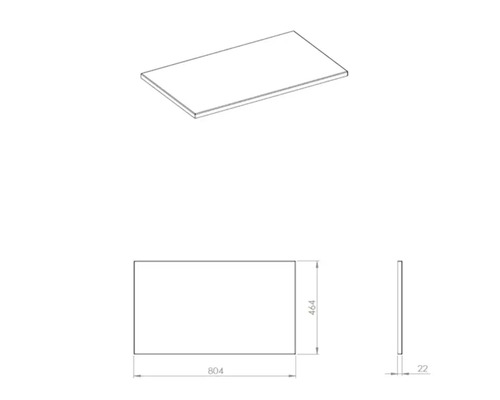 Producttekening van een wastafelblad met de afmetingen 804 x 464 x 22 millimeter.