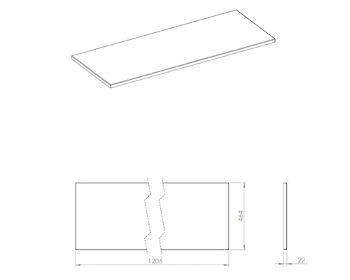 Technische tekening van een tafelblad met afmetingen 1206 x 464 x 22 mm